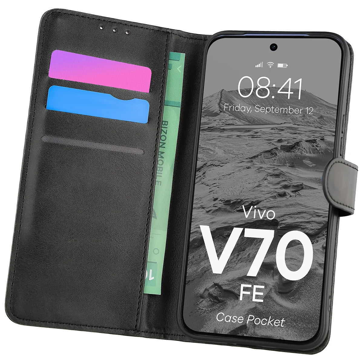 Handyhülle mit Klappe für Vivo V70 FE 5G, Bizon Case Pocket, Schwarz