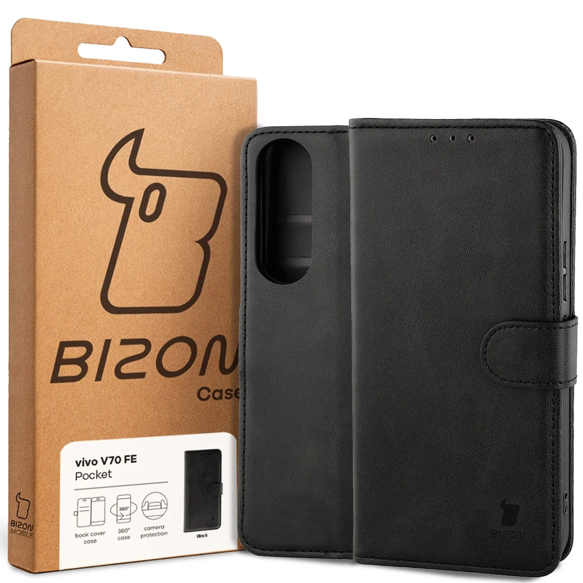 Handyhülle mit Klappe für Vivo V70 FE 5G, Bizon Case Pocket, Schwarz