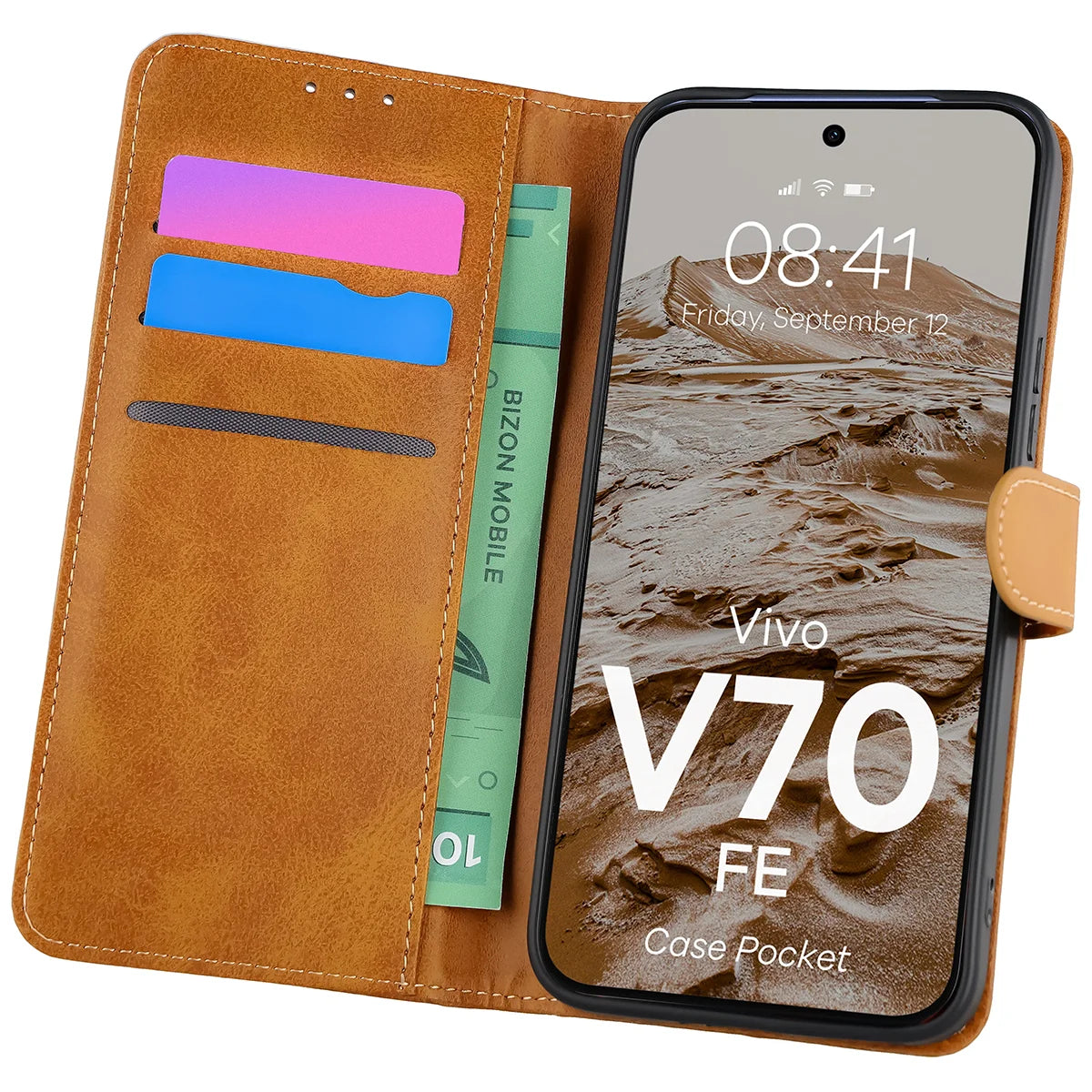 Handyhülle mit Klappe für Vivo V70 FE 5G, Bizon Case Pocket, Braun