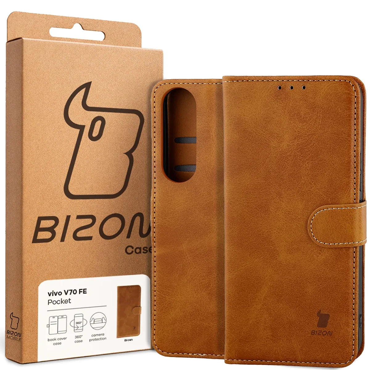Handyhülle mit Klappe für Vivo V70 FE 5G, Bizon Case Pocket, Braun