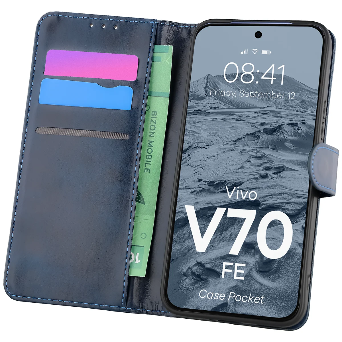 Handyhülle mit Klappe für Vivo V70 FE 5G, Bizon Case Pocket, Dunkelblau