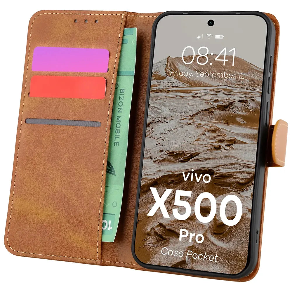 Handyhülle mit Klappe für Vivo X500 Pro, Bizon Case Pocket, Braun (1/6)
