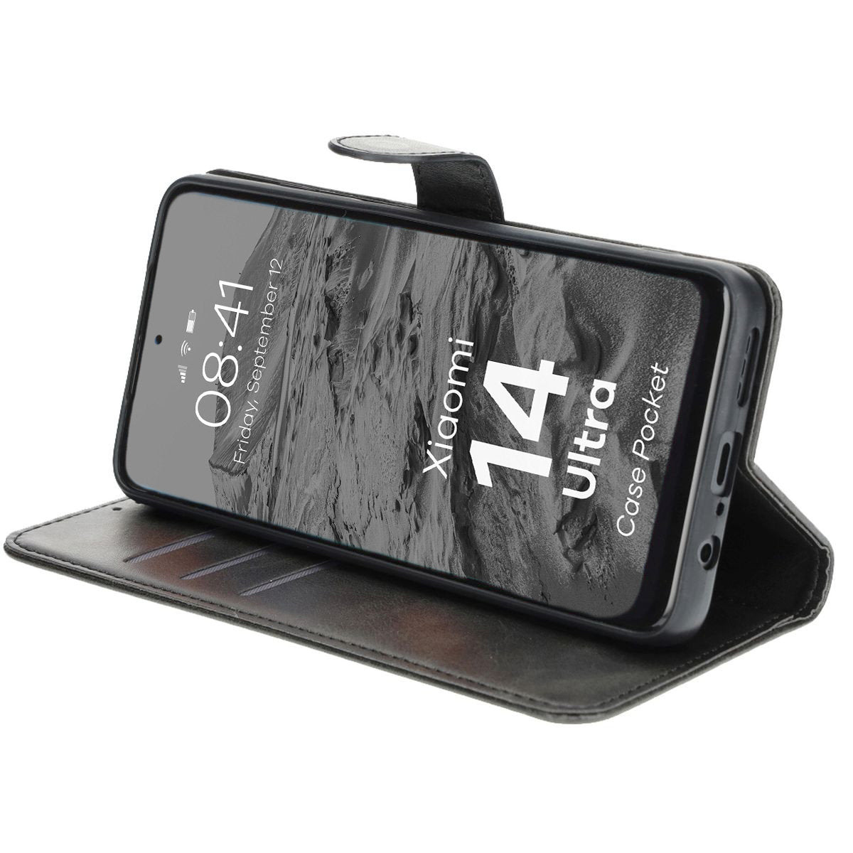 Handyhülle mit Klappe für Xiaomi 14 Ultra, Bizon Case Pocket, Schwarz