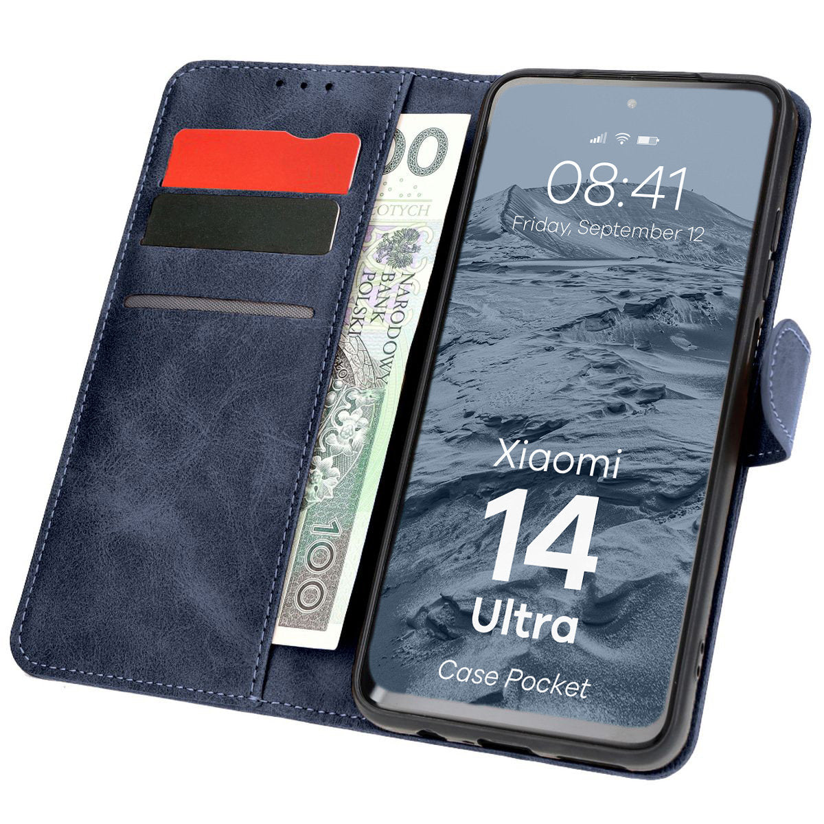 Handyhülle mit Klappe für Xiaomi 14 Ultra, Bizon Case Pocket, Dunkelblau