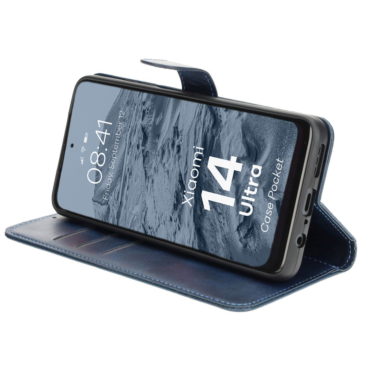 Handyhülle mit Klappe für Xiaomi 14 Ultra, Bizon Case Pocket, Dunkelblau