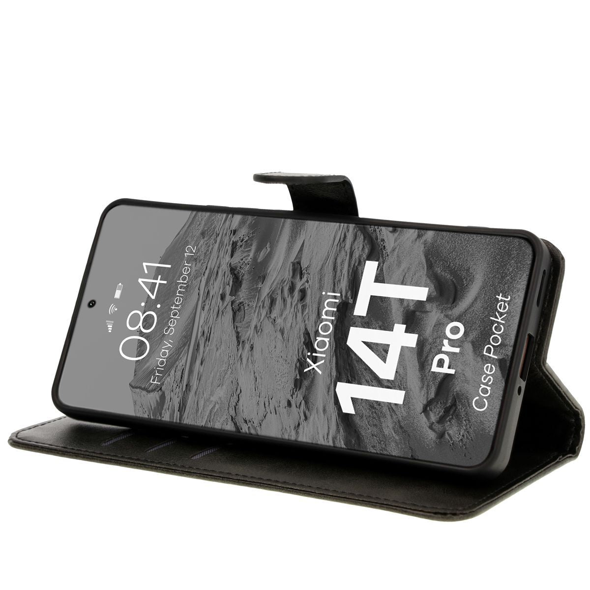 Handyhülle mit Klappe für Xiaomi 14T Pro, Bizon Case Pocket, Schwarz