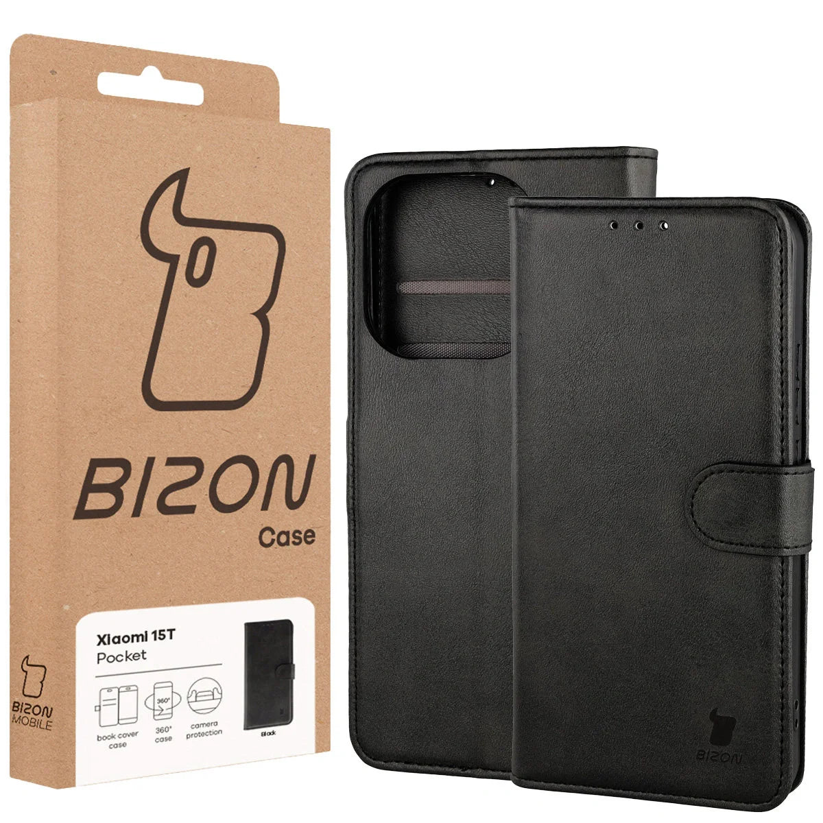 Handyhülle mit Klappe für Xiaomi 15T, Bizon Case Pocket, Schwarz