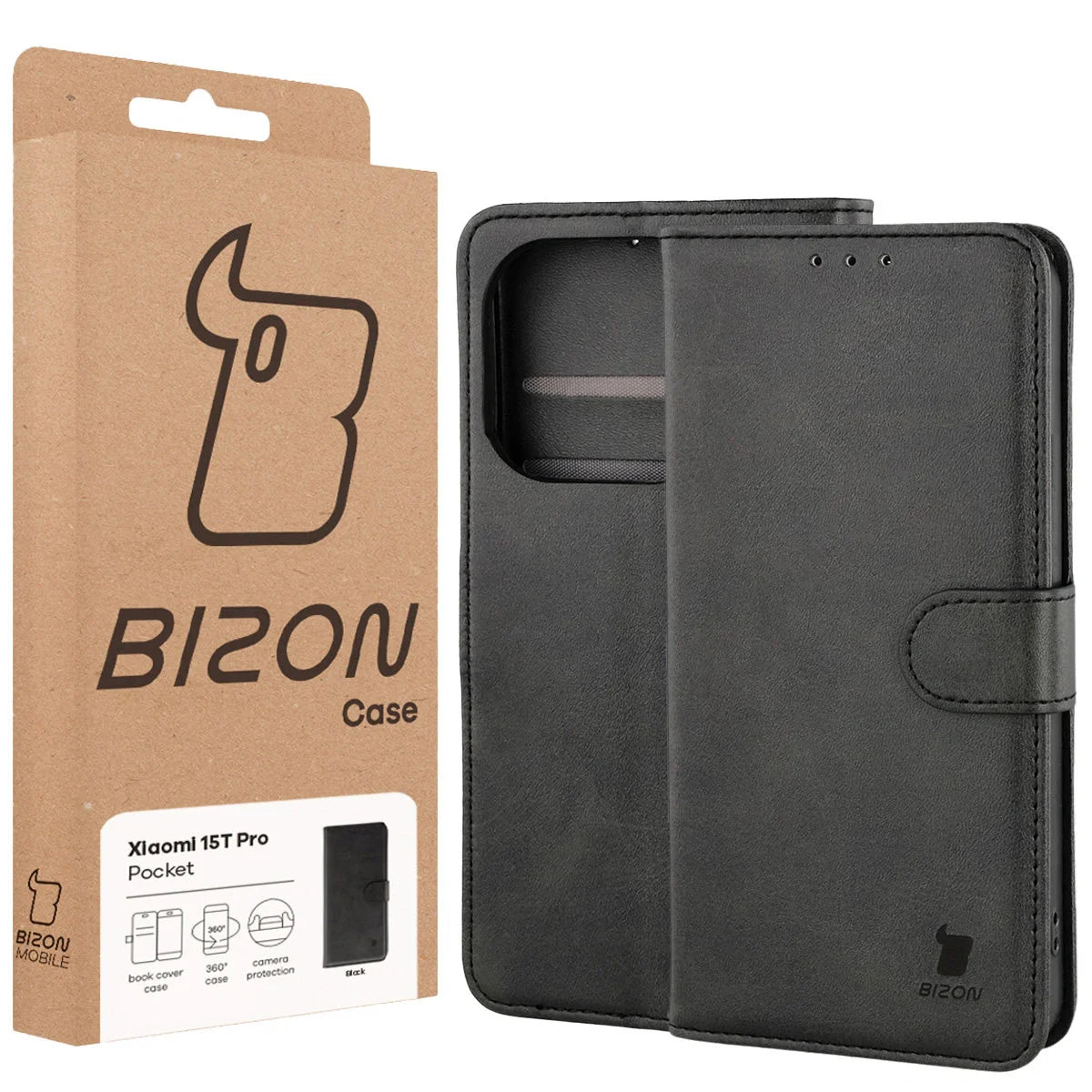 Handyhülle mit Klappe für Xiaomi 15T Pro, Bizon Case Pocket, Schwarz