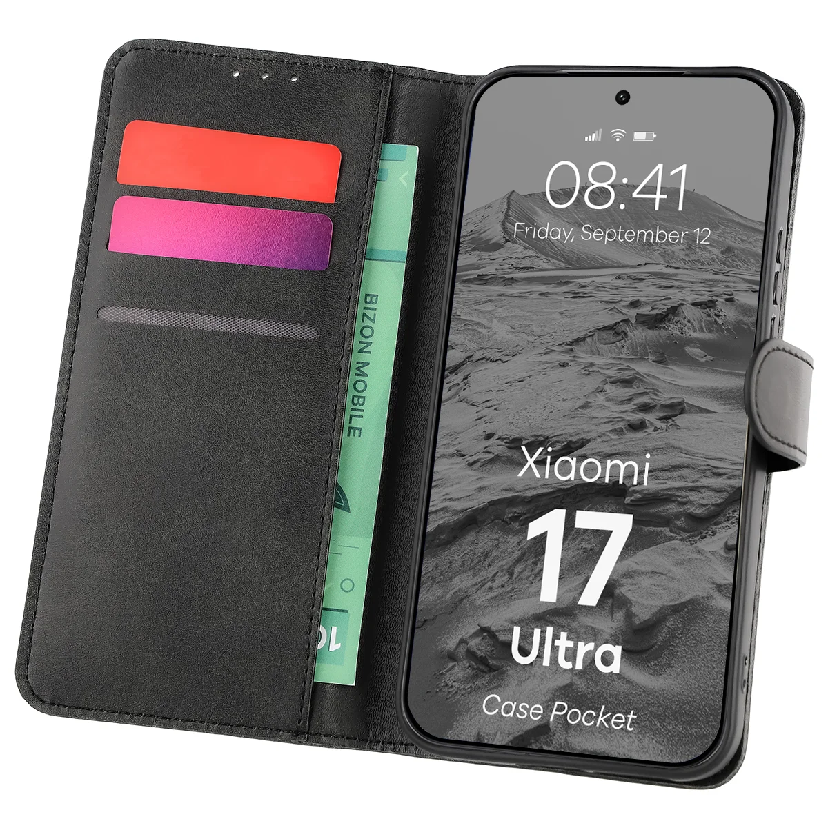 Handyhülle mit Klappe für Xiaomi 17 Ultra, Bizon Case Pocket, Schwarz