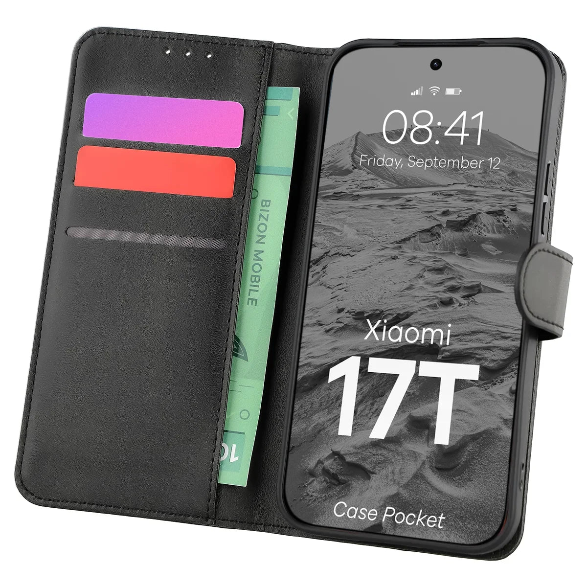 Handyhülle mit Klappe für Xiaomi 17T, Bizon Case Pocket, Schwarz