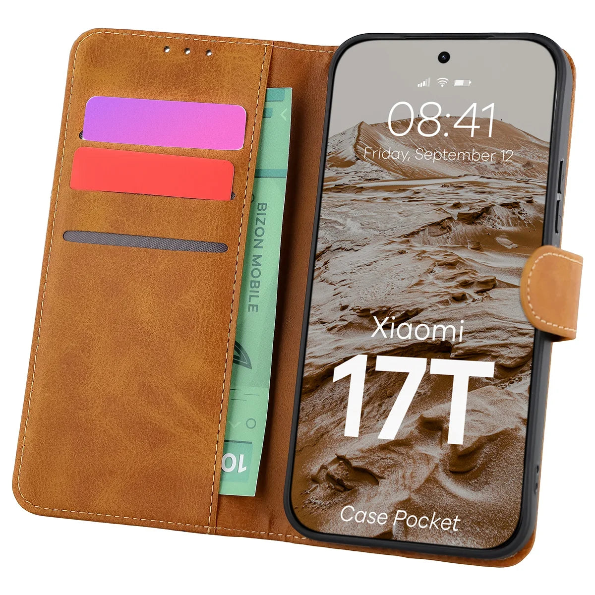 Handyhülle mit Klappe für Xiaomi 17T, Bizon Case Pocket, Braun