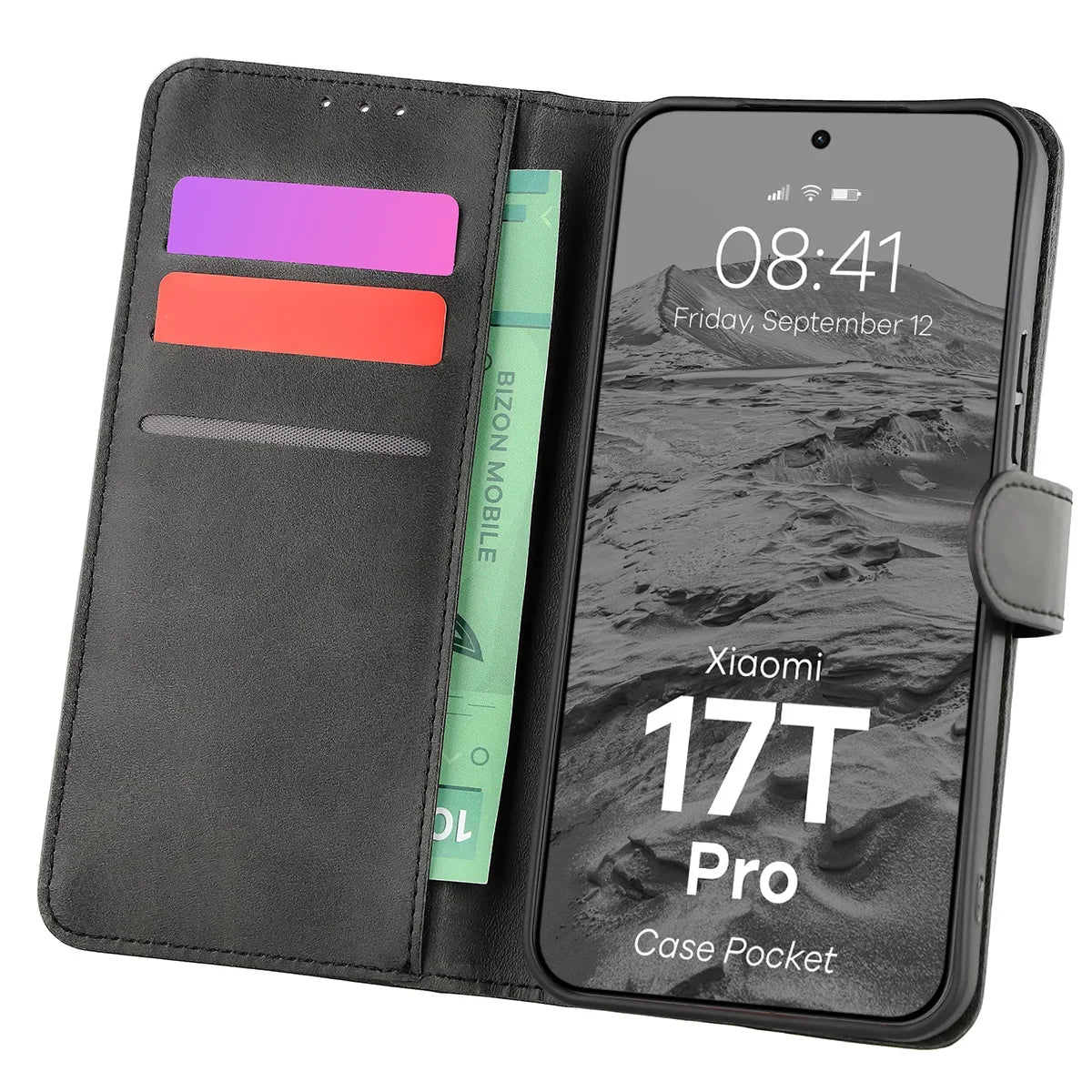 Handyhülle mit Klappe für Xiaomi 17T Pro, Bizon Case Pocket, Schwarz