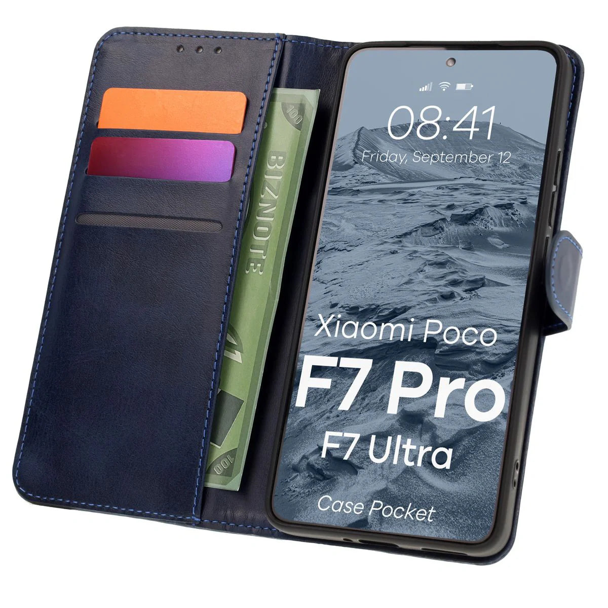 Handyhülle mit Klappe für Xiaomi POCO F7 Pro / F7 Ultra, Bizon Case Pocket, Dunkelblau