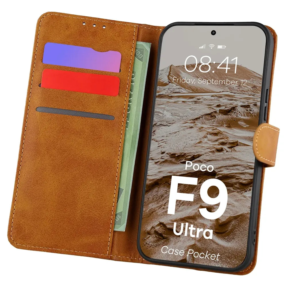 Handyhülle mit Klappe für Xiaomi POCO F9 Ultra, Bizon Case Pocket, Braun (1/6)