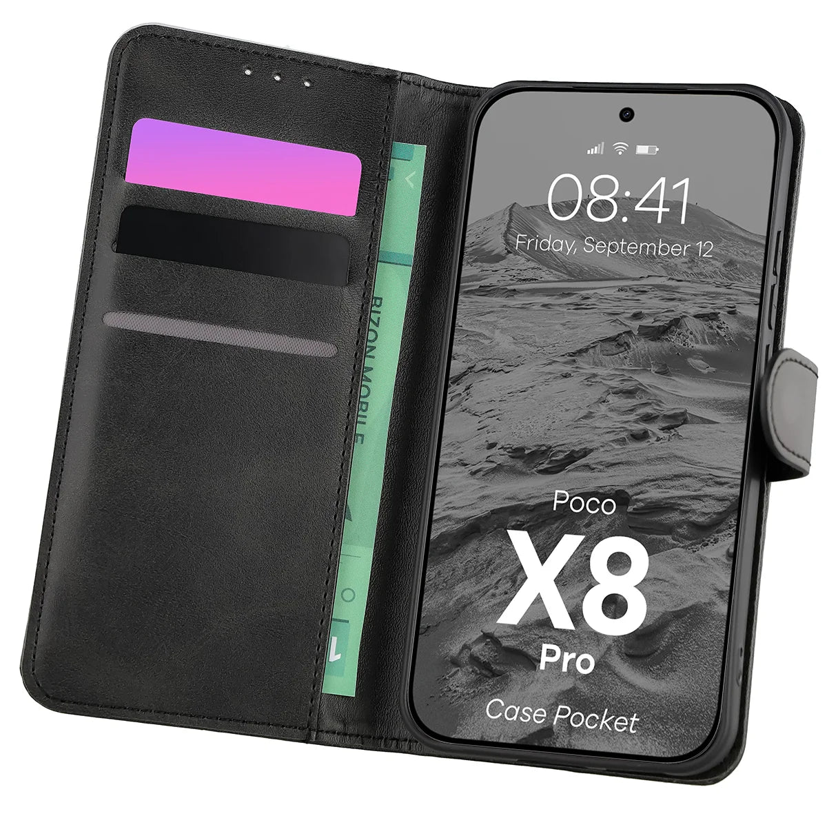 Handyhülle mit Klappe für Xiaomi POCO X8 Pro, Bizon Case Pocket, Schwarz