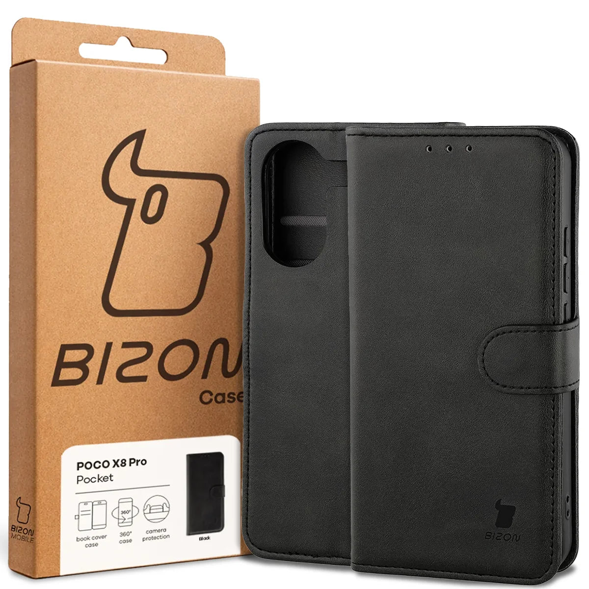 Handyhülle mit Klappe für Xiaomi POCO X8 Pro, Bizon Case Pocket, Schwarz