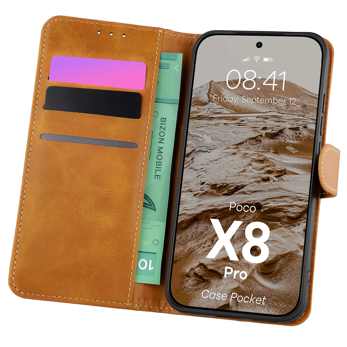 Handyhülle mit Klappe für Xiaomi POCO X8 Pro, Bizon Case Pocket, Braun