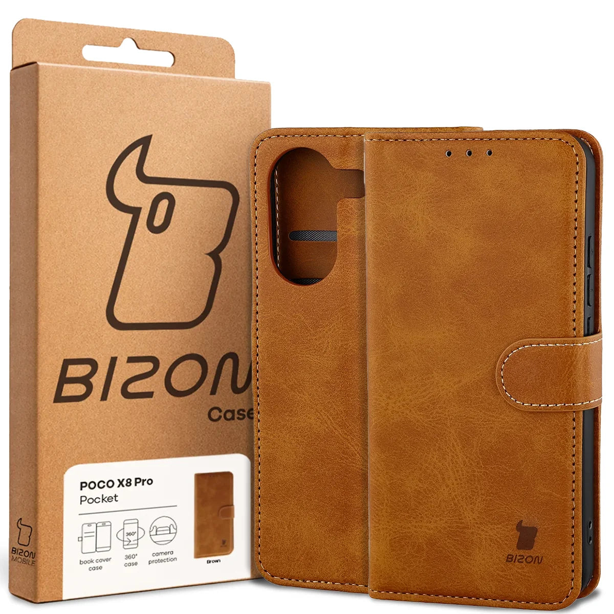 Handyhülle mit Klappe für Xiaomi POCO X8 Pro, Bizon Case Pocket, Braun