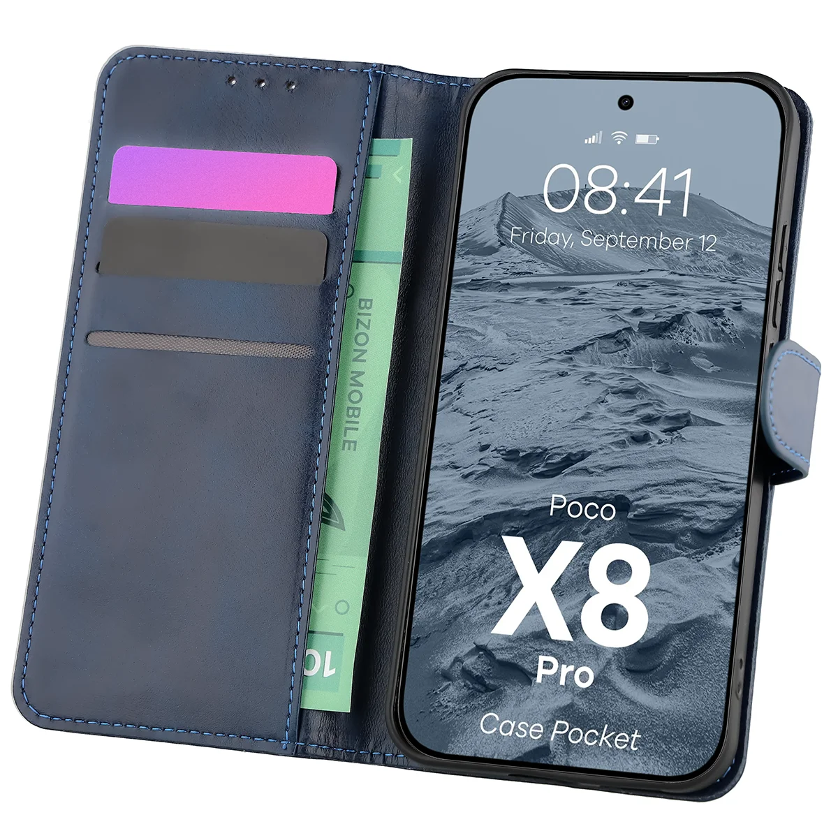 Handyhülle mit Klappe für Xiaomi POCO X8 Pro, Bizon Case Pocket, Dunkelblau