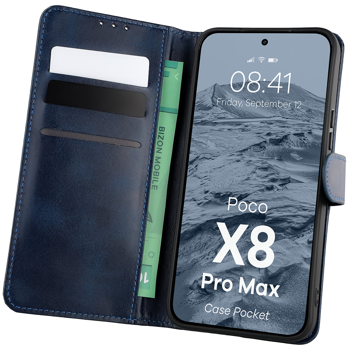 Handyhülle mit Klappe für Xiaomi POCO X8 Pro Max, Bizon Case Pocket, Dunkelblau