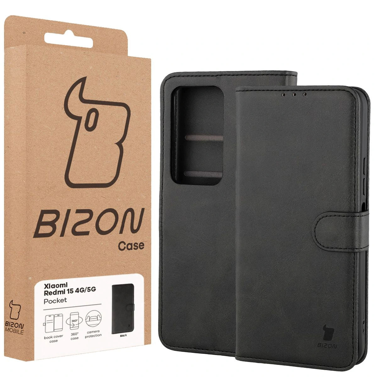 Handyhülle mit Klappe für Xiaomi Redmi 15 4G/5G, Bizon Case Pocket, Schwarz