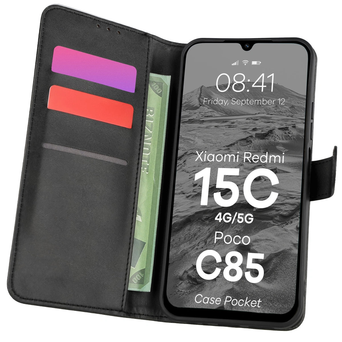 Handyhülle mit Klappe für Xiaomi Redmi 15C 4G/5G / Poco C85, Bizon Case Pocket, Schwarz