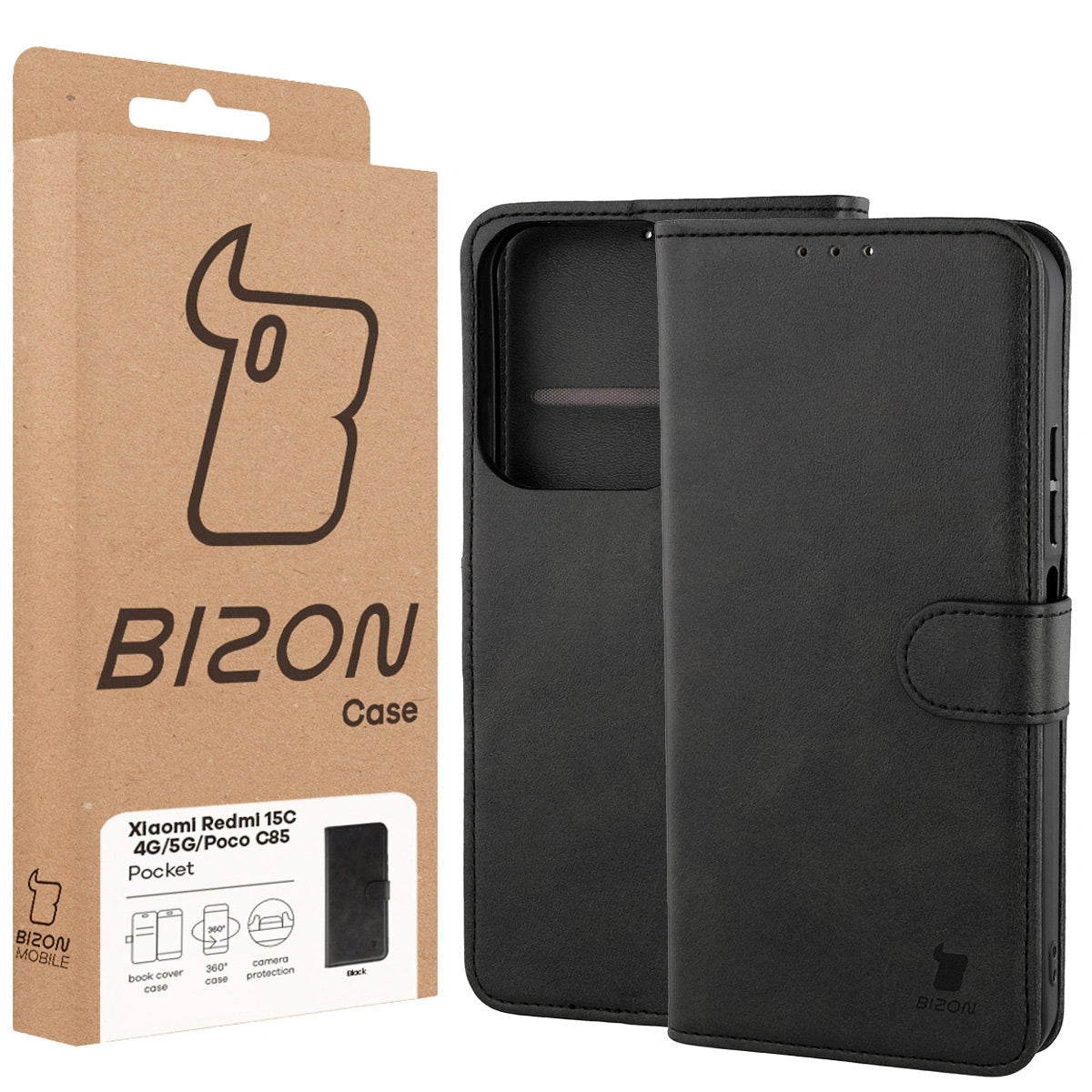 Handyhülle mit Klappe für Xiaomi Redmi 15C 4G/5G / Poco C85, Bizon Case Pocket, Schwarz