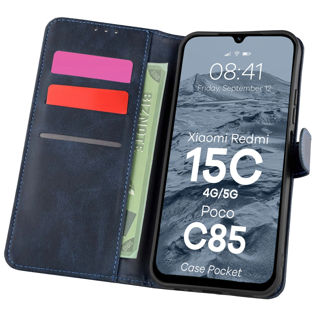 Handyhülle mit Klappe für Xiaomi Redmi 15C 4G/5G / Poco C85, Bizon Case Pocket, Dunkelblau