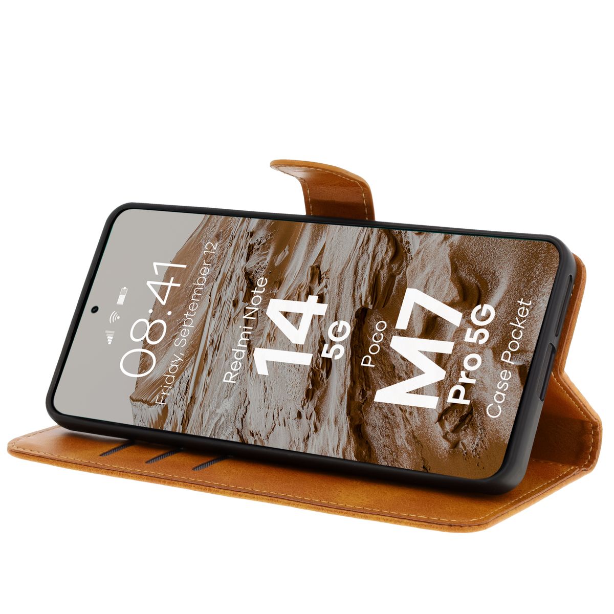 Handyhülle mit Klappe für Xiaomi Redmi Note 14 5G / Poco M7 Pro 5G, Bizon Case Pocket, Braun