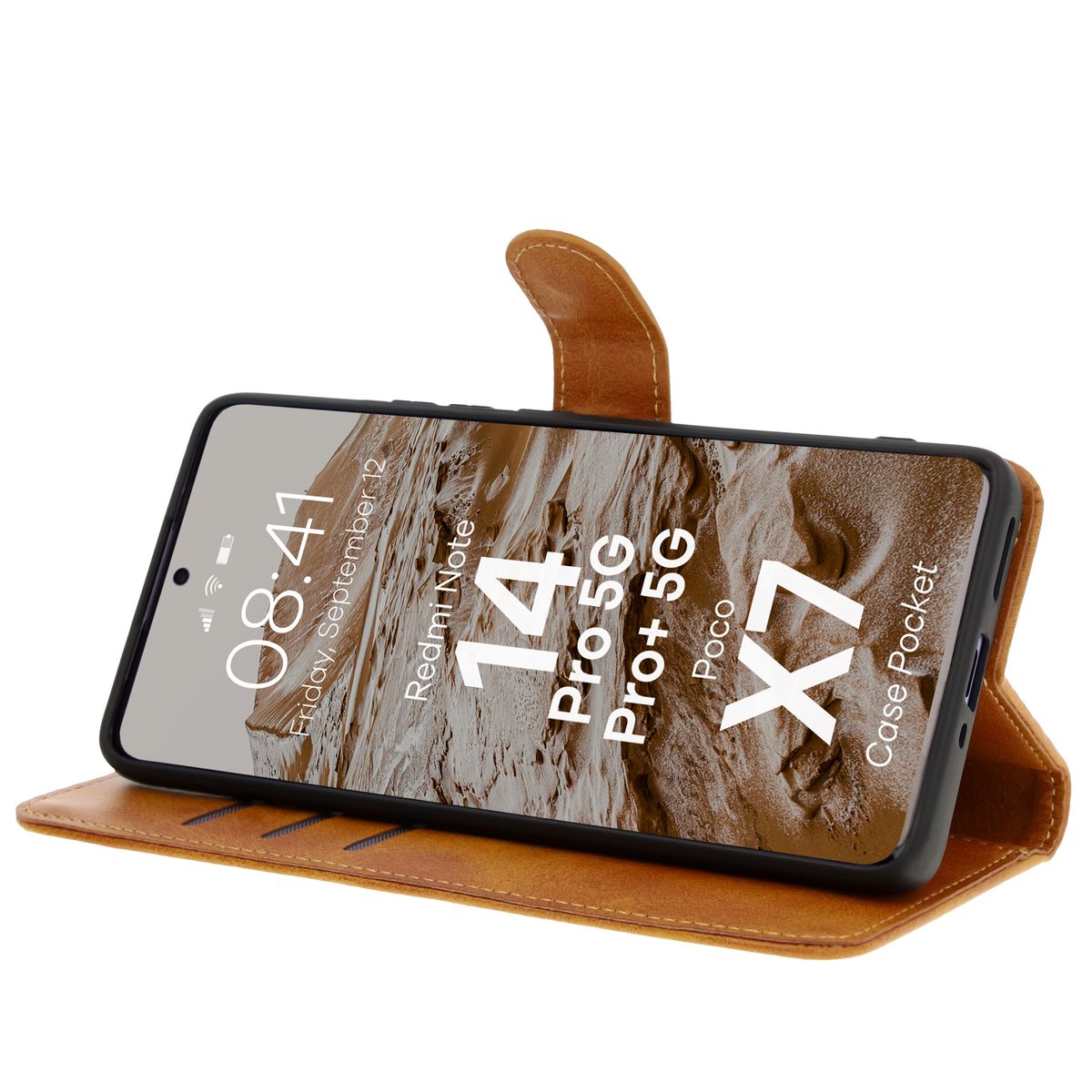 Handyhülle mit Klappe für Xiaomi Redmi Note 14 Pro 5G / Poco X7, Bizon Case Pocket, Braun