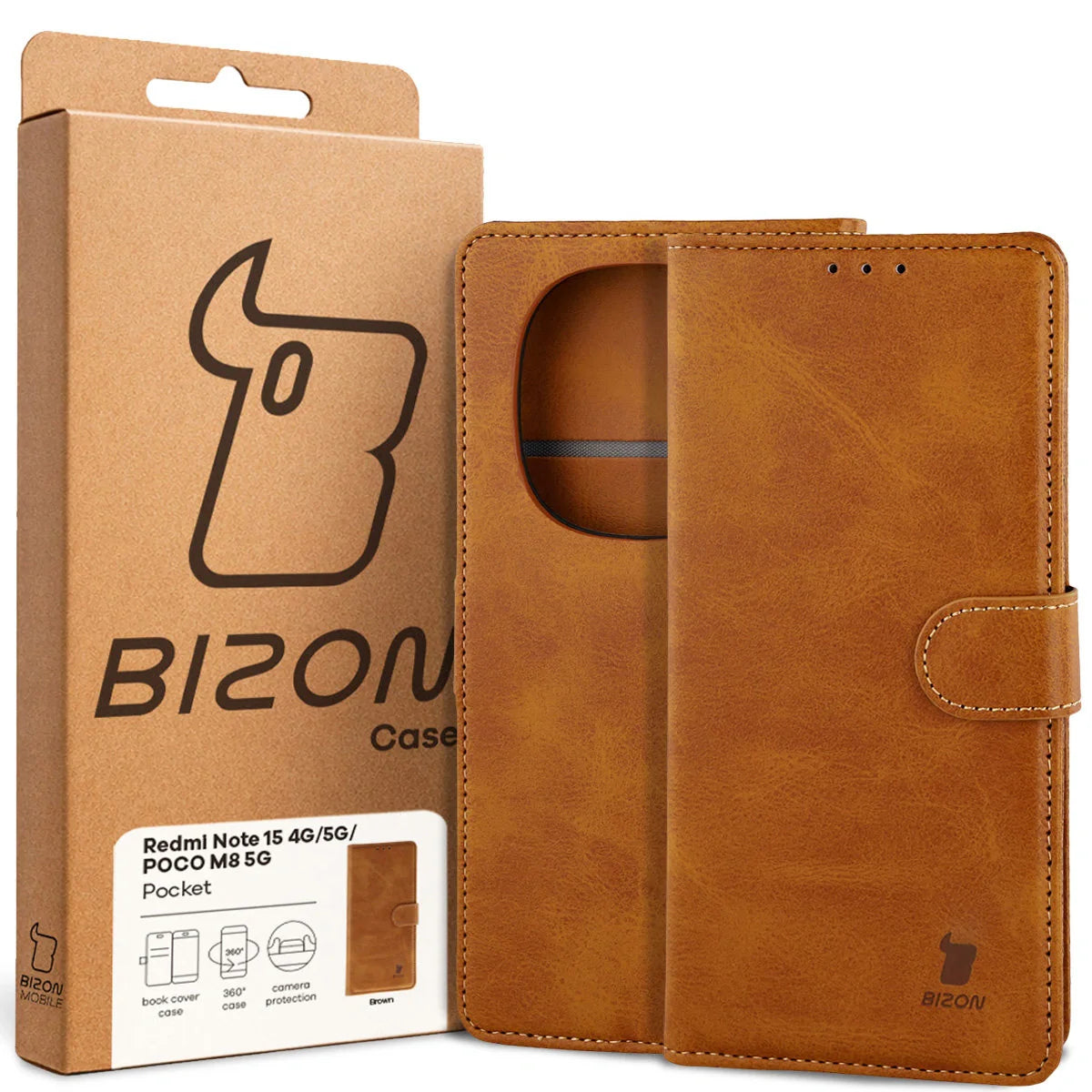 Handyhülle mit Klappe für Xiaomi Redmi Note 15 / POCO M8 5G, Bizon Case Pocket, Braun