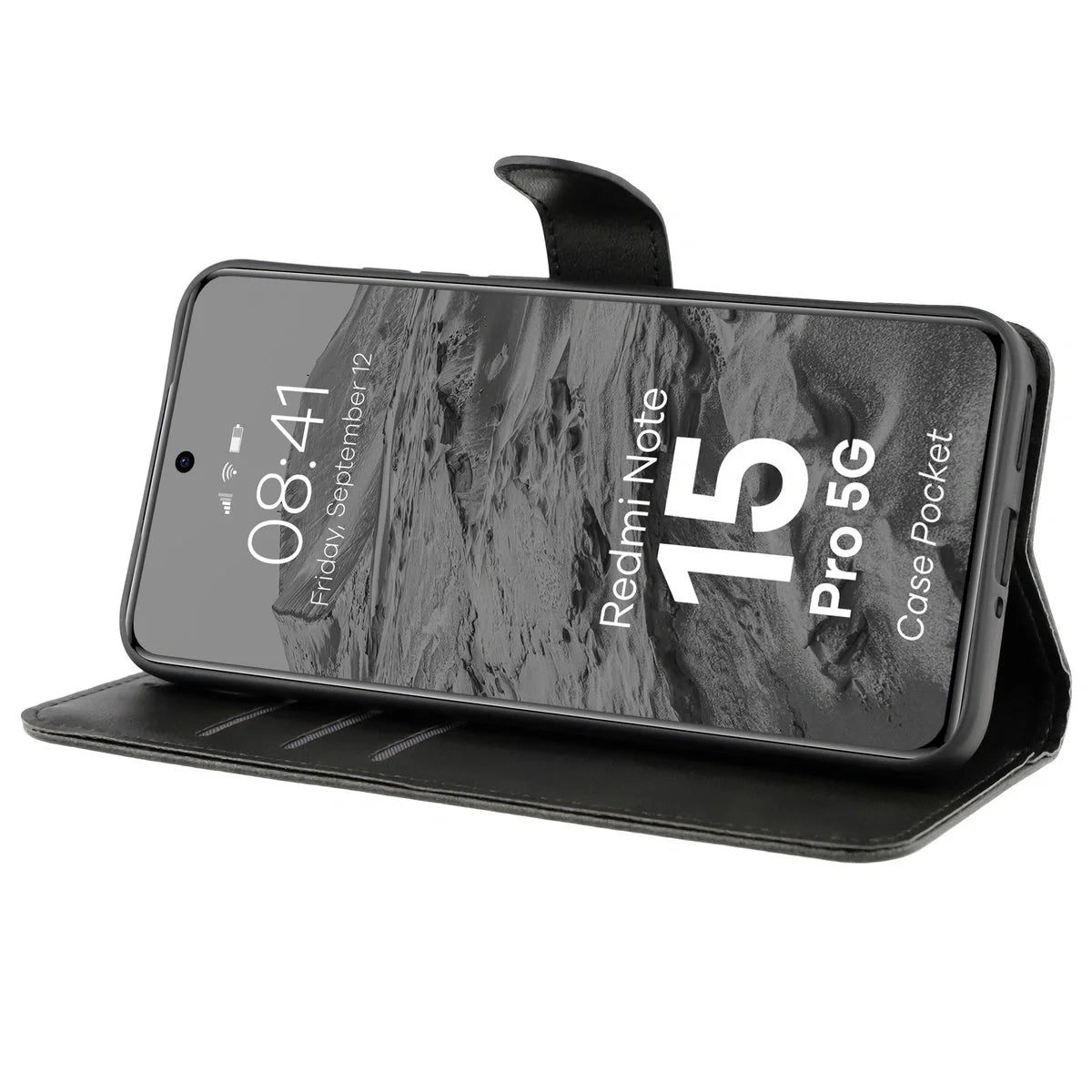 Handyhülle mit Klappe für Xiaomi Redmi Note 15 Pro 5G, Bizon Case Pocket, Schwarz