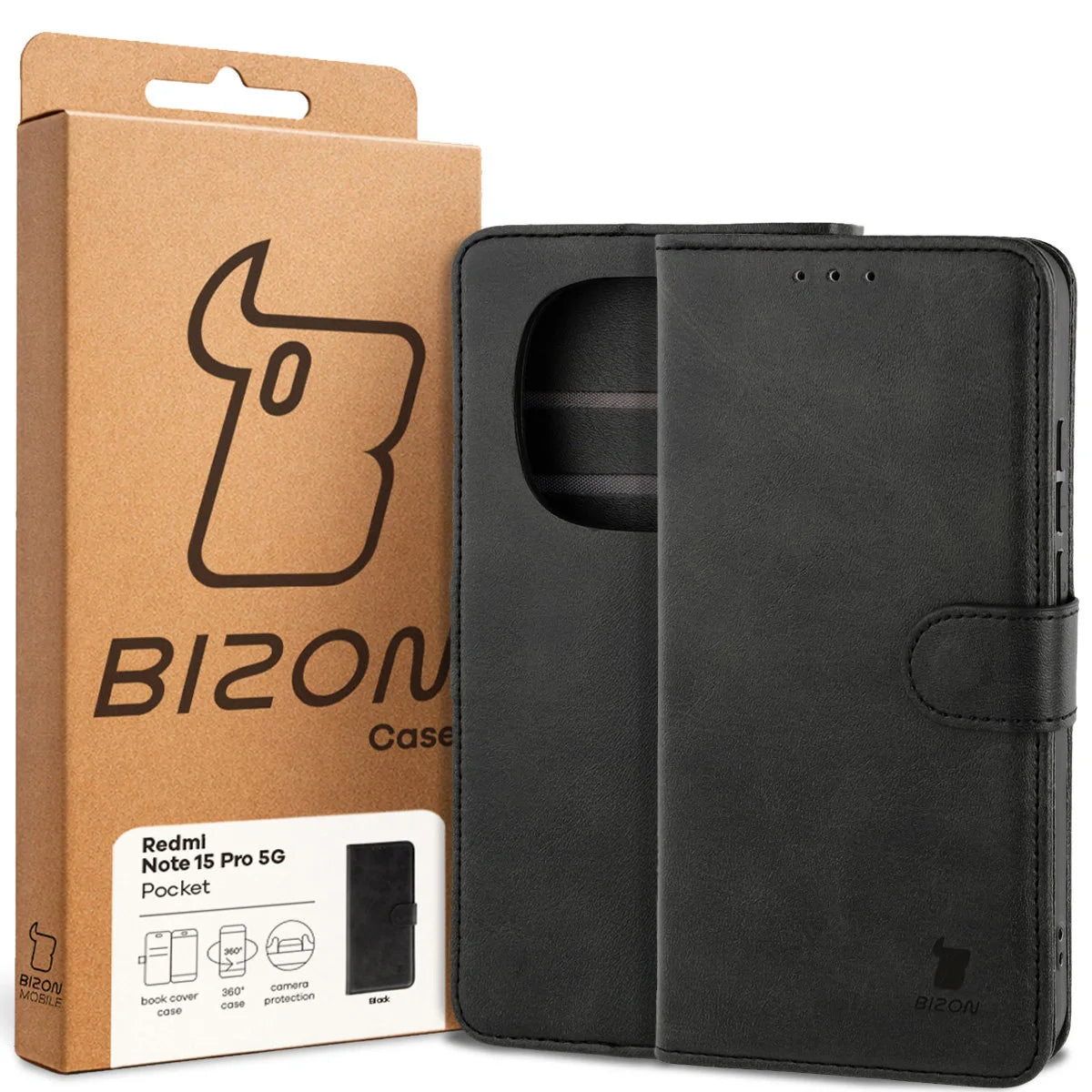 Handyhülle mit Klappe für Xiaomi Redmi Note 15 Pro 5G, Bizon Case Pocket, Schwarz