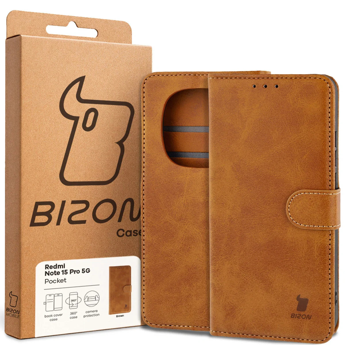 Handyhülle mit Klappe für Xiaomi Redmi Note 15 Pro 5G, Bizon Case Pocket, Braun