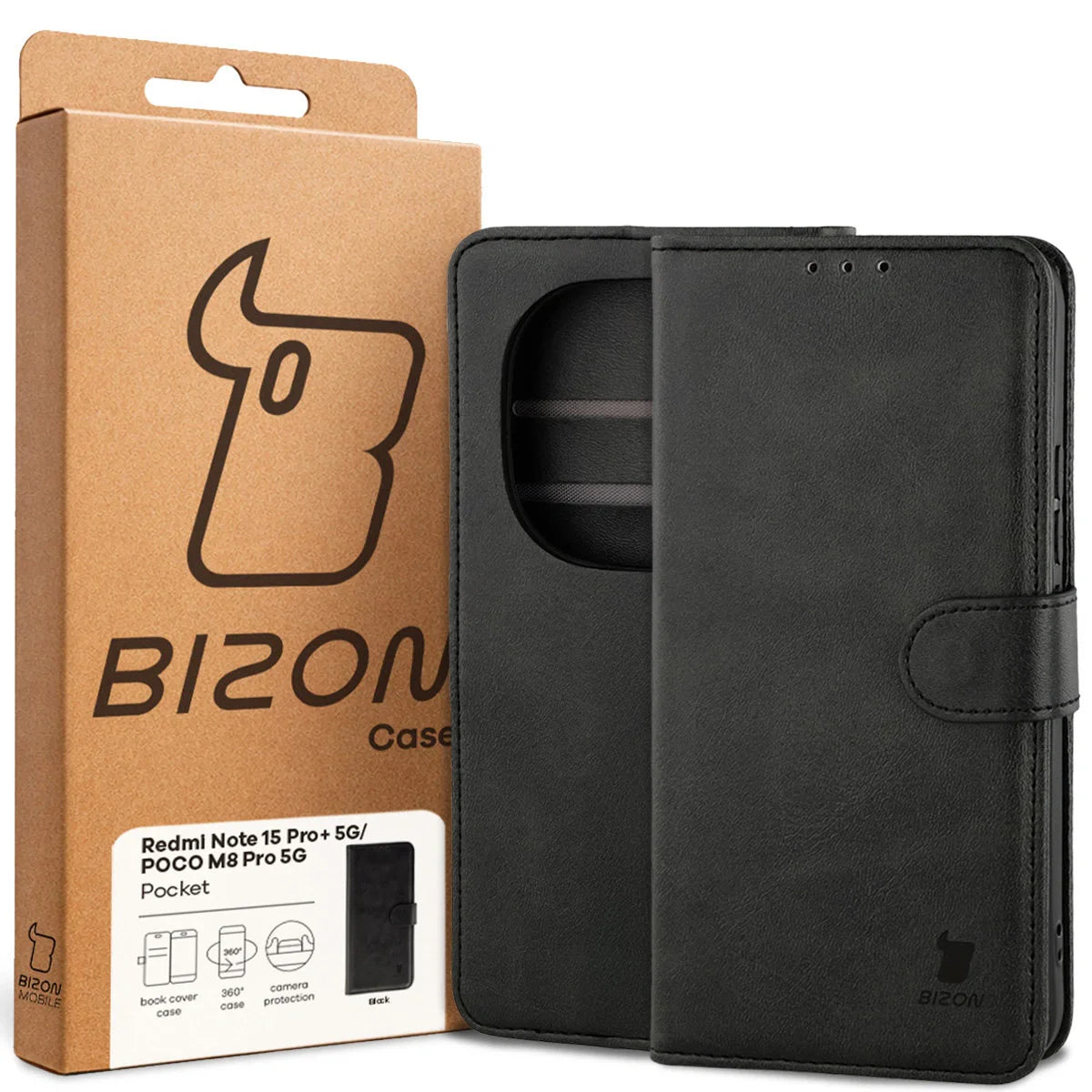 Handyhülle mit Klappe für Xiaomi Redmi Note 15 Pro Plus 5G / POCO M8 Pro 5G, Bizon Case Pocket, Schwarz