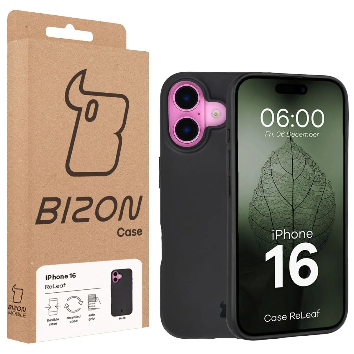 Recycelte Handyhülle Bizon ReLeaf für iPhone 16, Schwarz