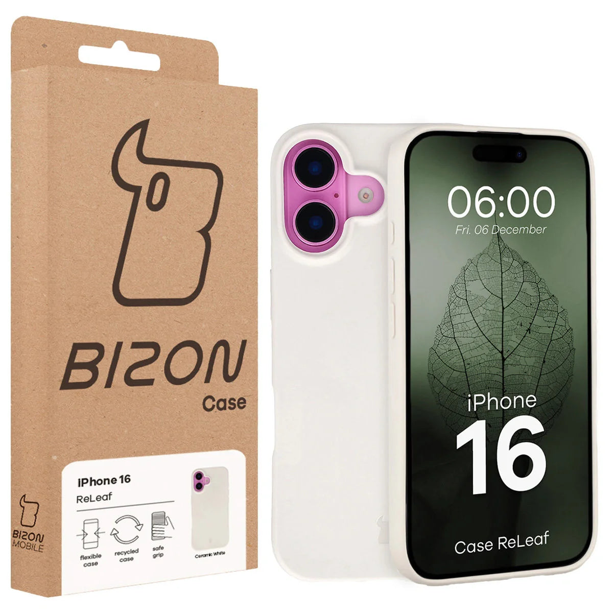 Recycelte Handyhülle Bizon ReLeaf für iPhone 16, Weiß