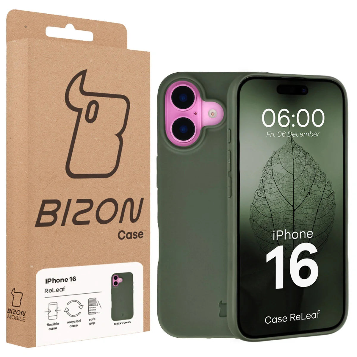 Recycelte Handyhülle Bizon ReLeaf für iPhone 16, Dunkelgrün