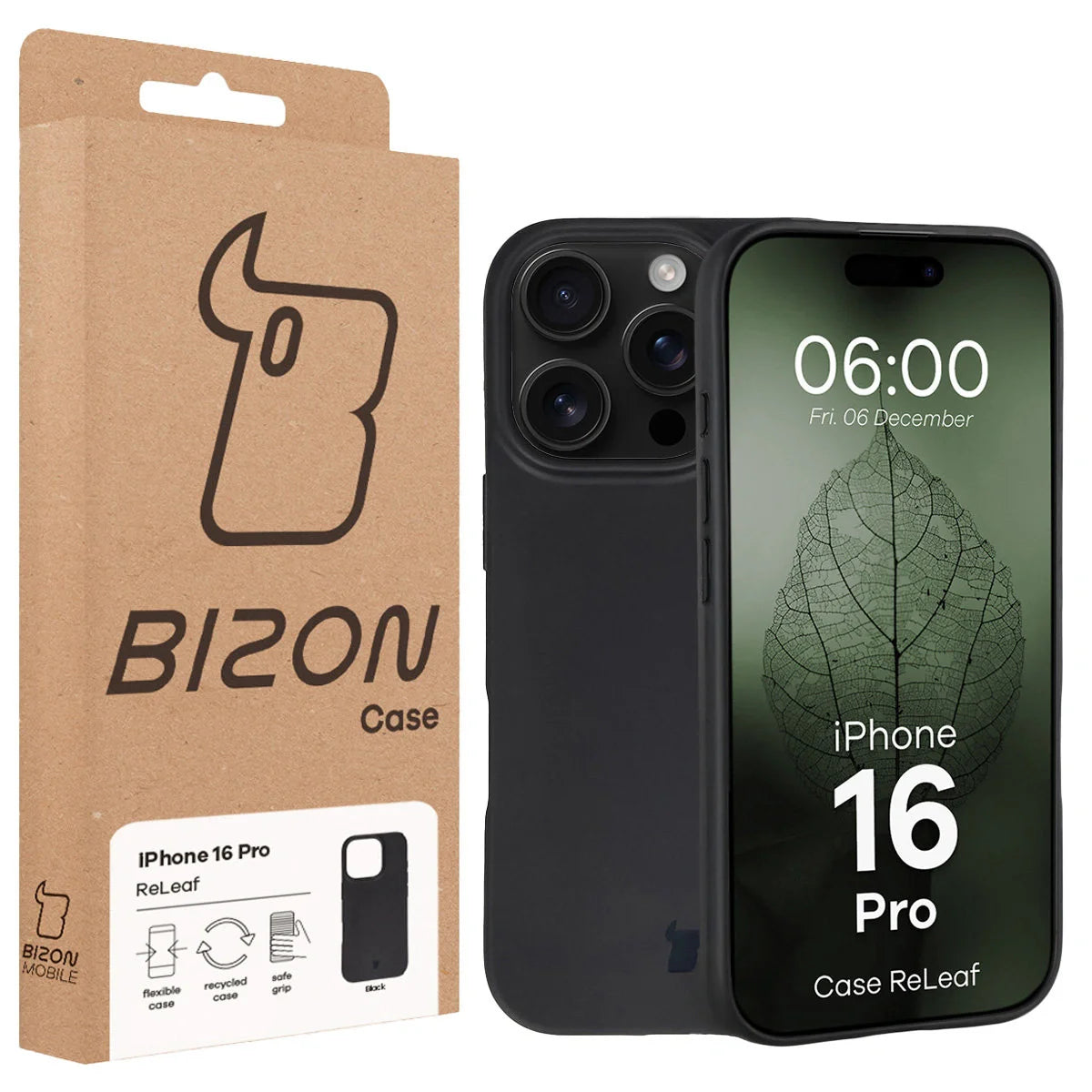 Recycelte Handyhülle Bizon ReLeaf für iPhone 16 Pro, Schwarz