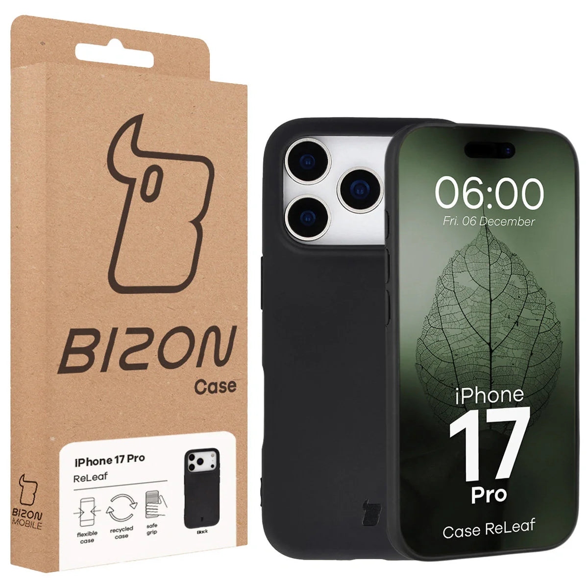 Recycelte Handyhülle Bizon ReLeaf für iPhone 17 Pro, Schwarz