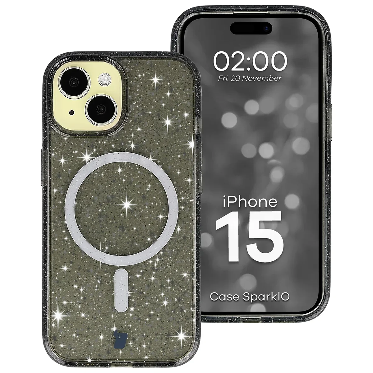 Glitzer Hülle mit Magnetring für iPhone 15, Bizon Case SparklO, Transparent-Schwarz mit Glitzer