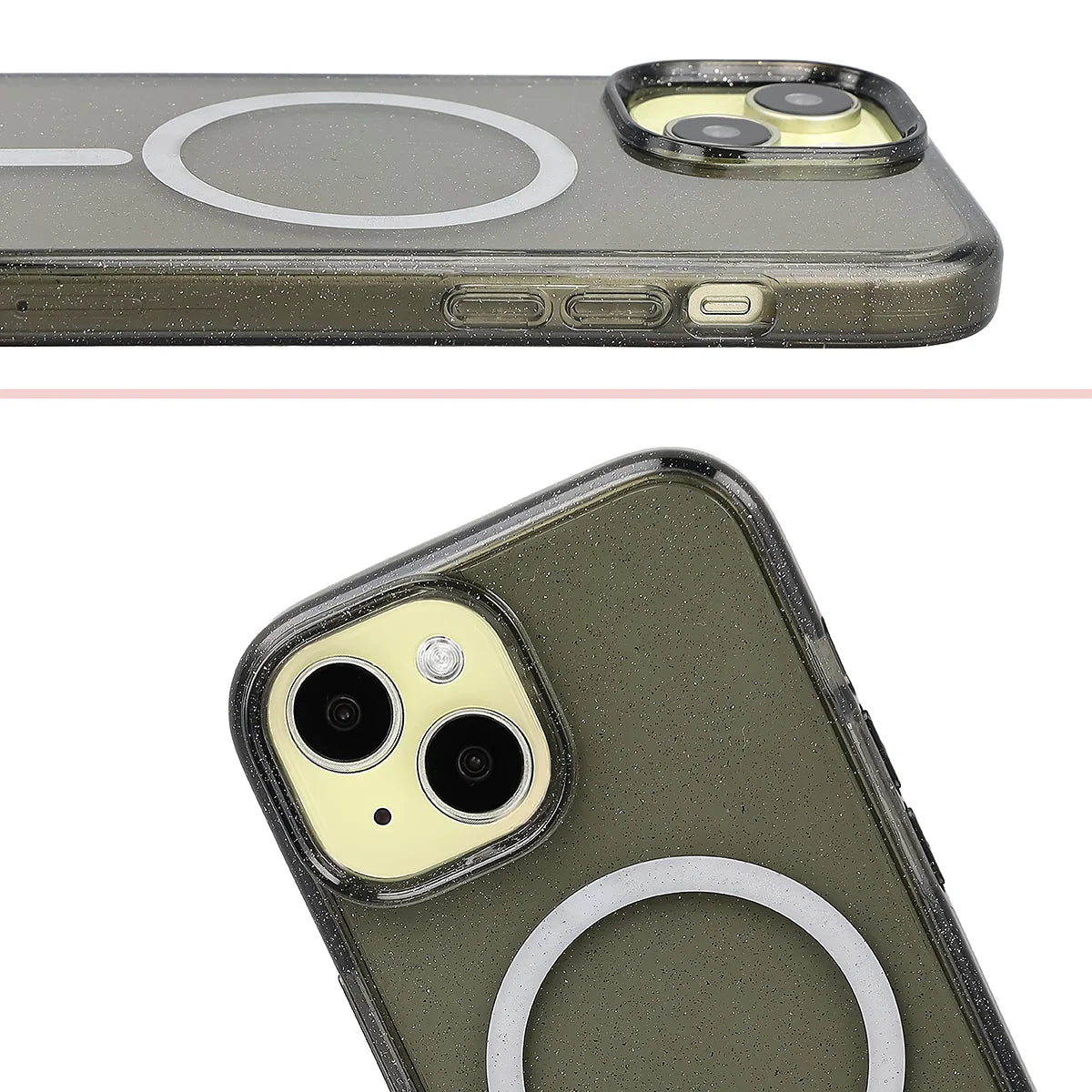 Glitzer Hülle mit Magnetring für iPhone 15, Bizon Case SparklO, Transparent-Schwarz mit Glitzer