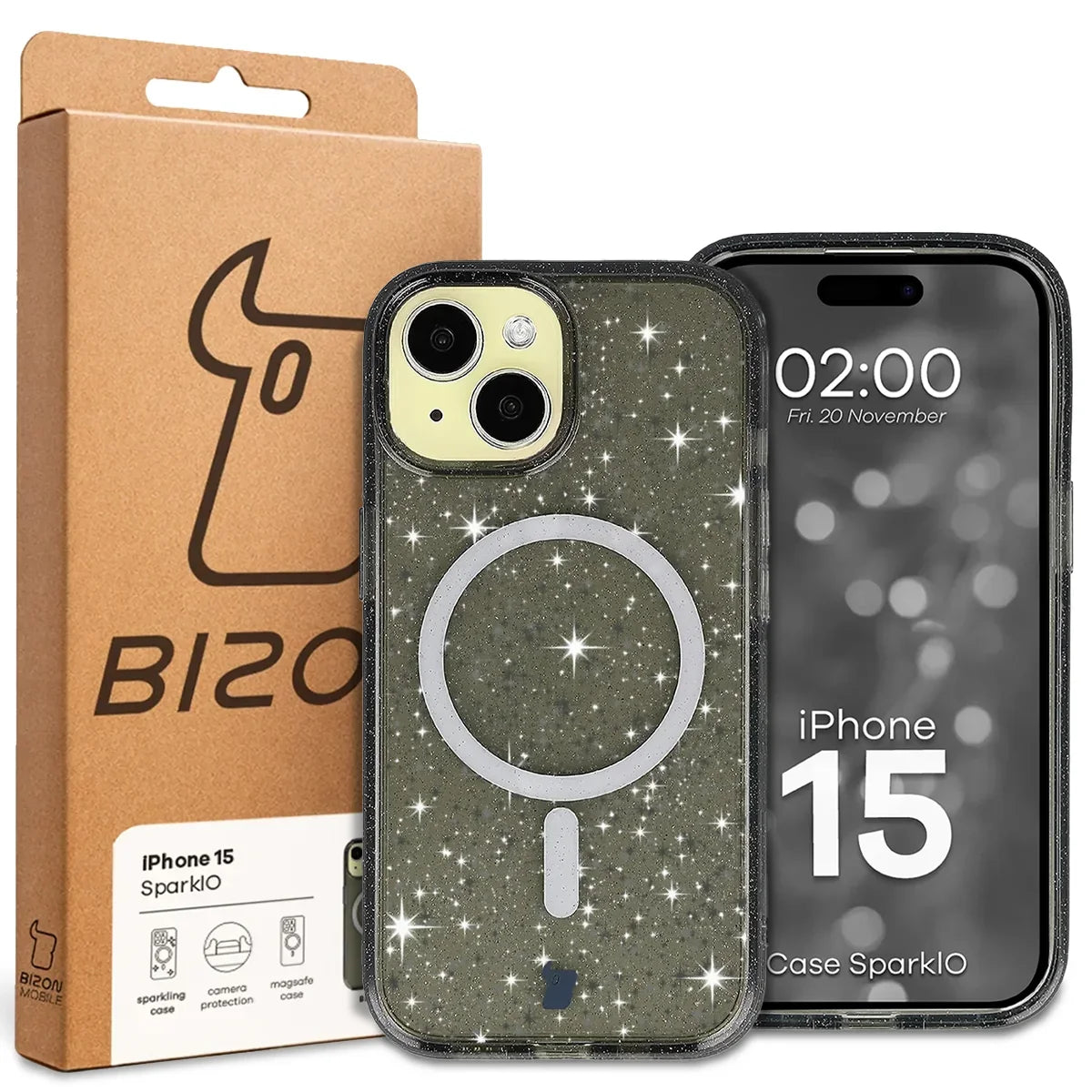 Glitzer Hülle mit Magnetring für iPhone 15, Bizon Case SparklO, Transparent-Schwarz mit Glitzer