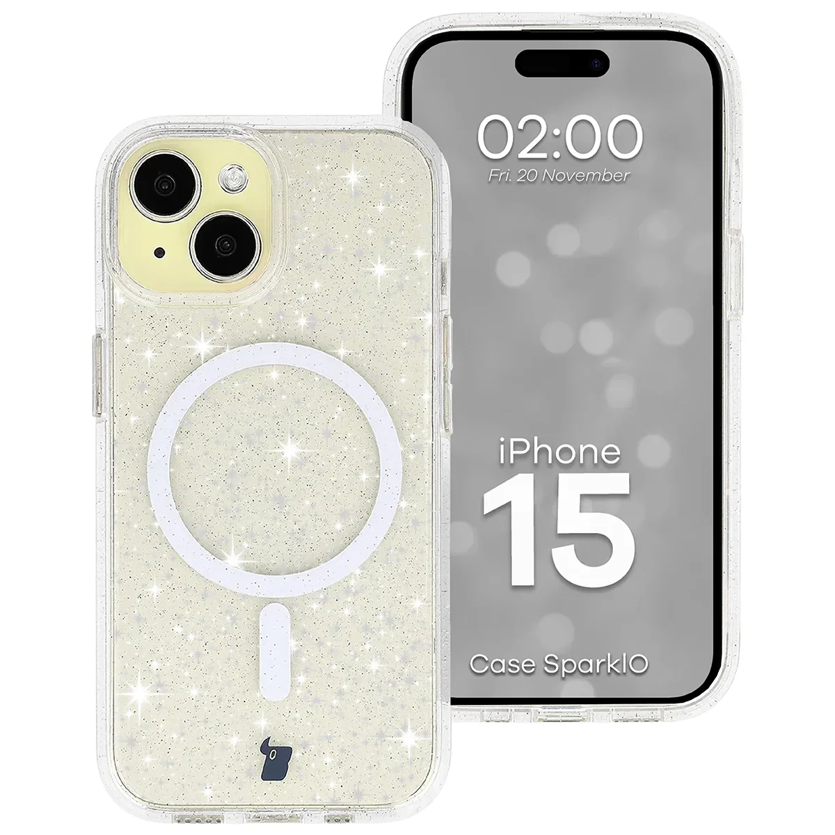 Glitzer Hülle mit Magnetring für iPhone 15, Bizon Case SparklO, Transparent mit Glitzer