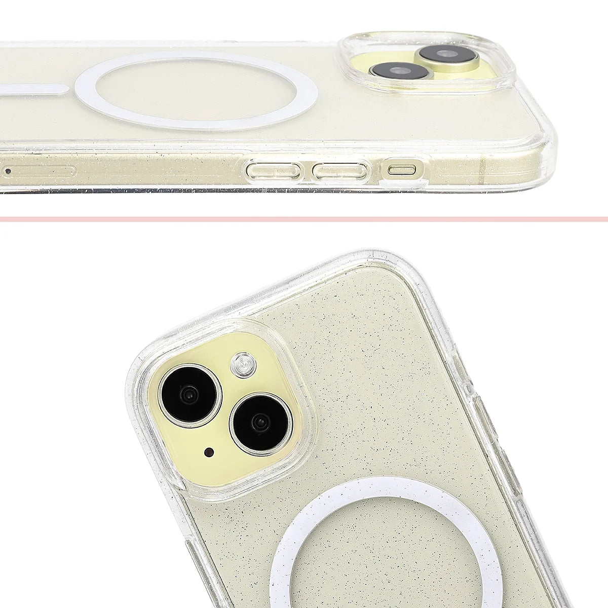 Glitzer Hülle mit Magnetring für iPhone 15, Bizon Case SparklO, Transparent mit Glitzer