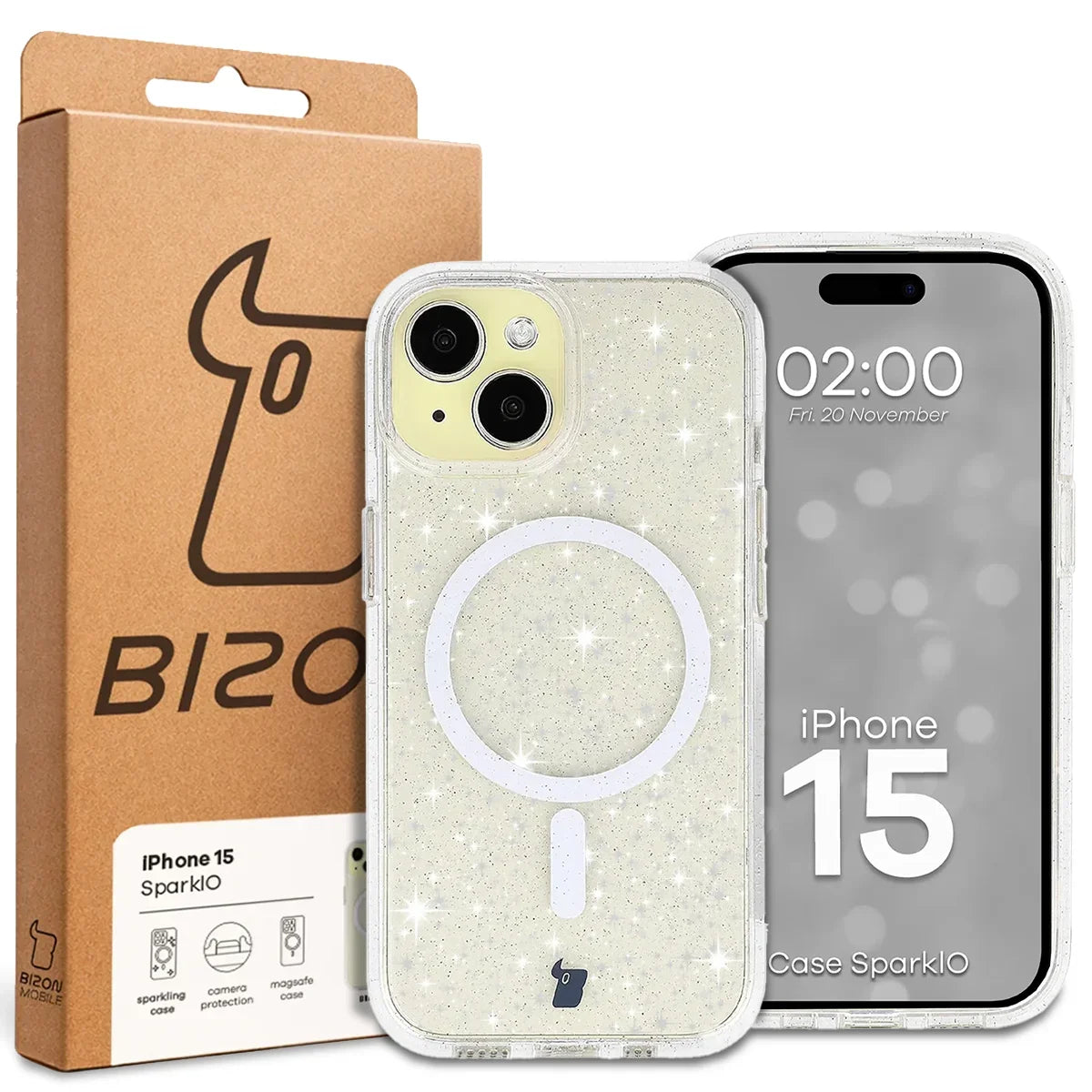 Glitzer Hülle mit Magnetring für iPhone 15, Bizon Case SparklO, Transparent mit Glitzer