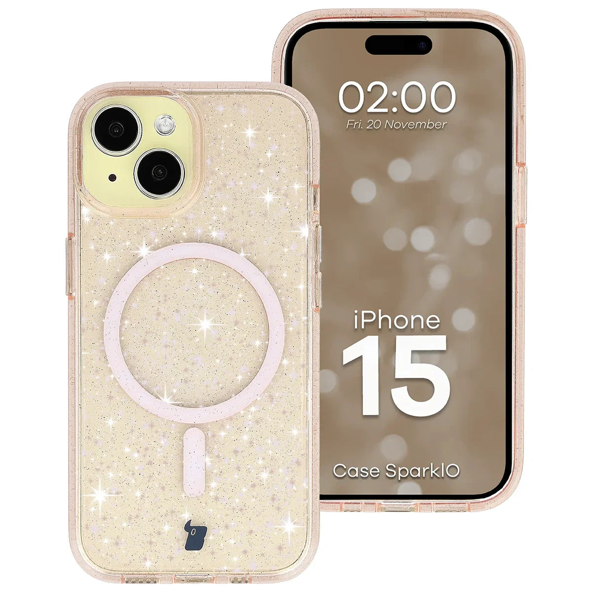 Glitzer Hülle mit Magnetring für iPhone 15, Bizon Case SparklO, Transparent-Hellorange mit Glitzer