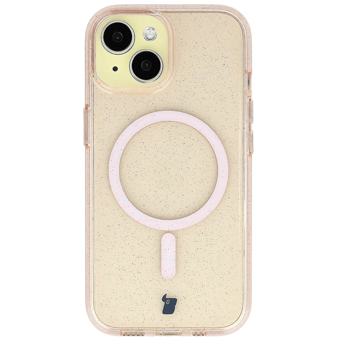 Glitzer Hülle mit Magnetring für iPhone 15, Bizon Case SparklO, Transparent-Hellorange mit Glitzer