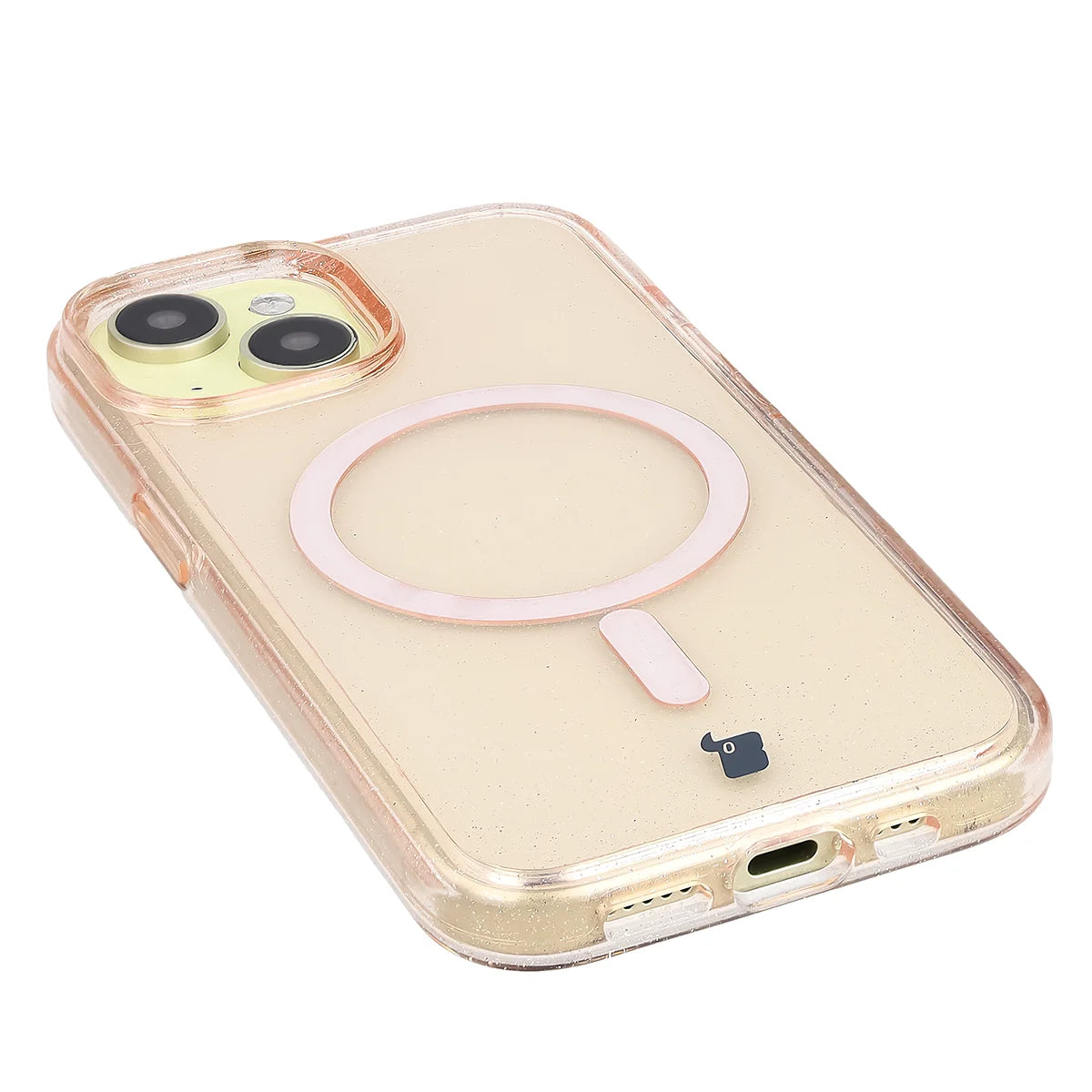 Glitzer Hülle mit Magnetring für iPhone 15, Bizon Case SparklO, Transparent-Hellorange mit Glitzer