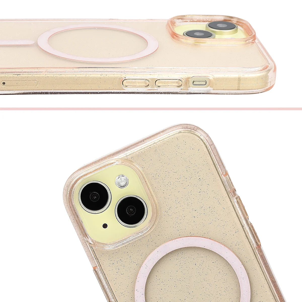 Glitzer Hülle mit Magnetring für iPhone 15, Bizon Case SparklO, Transparent-Hellorange mit Glitzer
